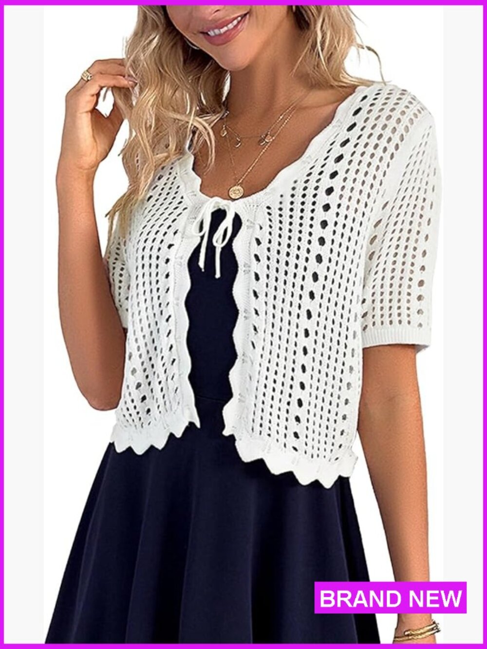 Crochet Shrug Sweater Tie Front Knit Bolero Cardigan Short Sleeve Crop Top